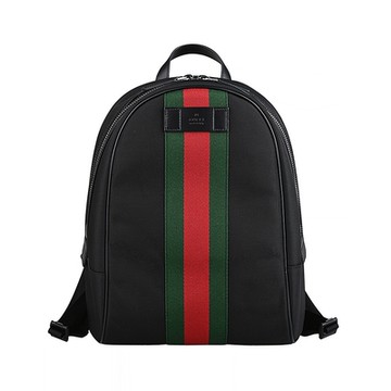 GUCCI 古馳  SHERRY皮標LOGO綠紅織帶設計帆布拉鍊後背包(黑)