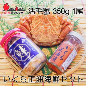 かにのマルマサ お取り寄せ ギフト 毛ガニ【北海道産 活毛ガニ350g 1尾 北海道ぎょれん いくら醤油漬90g 1本 熟成鮭手ほぐし160g 海鮮セ