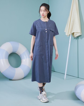 造型配色扣開襟直筒洋裝(兩色)