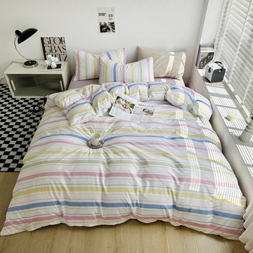 水洗棉日式床笠簡約床單復古格子條紋臺灣床包三四件套廠