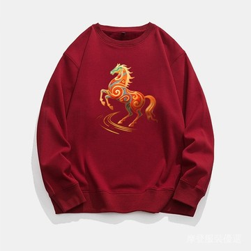 ✨新春新品✨酒紅色 圓領 衛衣 新款 潮牌 男士 2026 馬年 本命年 加絨 加厚 男裝 外套 大碼衛衣 BH74