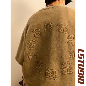 麂皮絨短袖t恤男美式復古重磅體恤夏季新款五分袖上衣男生半截袖