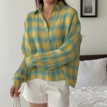 正韓女上衣 亞麻格紋長袖襯衫OPG1008-創翊韓都