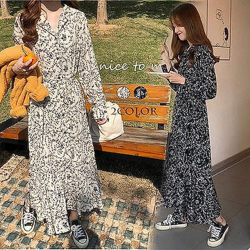 安いし可愛い 小さな花柄のワンピース なvネックスカート 韓国ファッション 長袖 着痩せ効果 ロング ワンピ 高品質 大人気 優雅 2色 通販 Lineポイント最大1 0 Get Lineショッピング