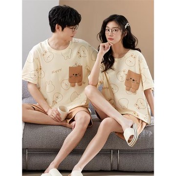 貓人2025年新款情侶睡衣女夏季純棉短袖褲卡通套頭家居服男士套裝