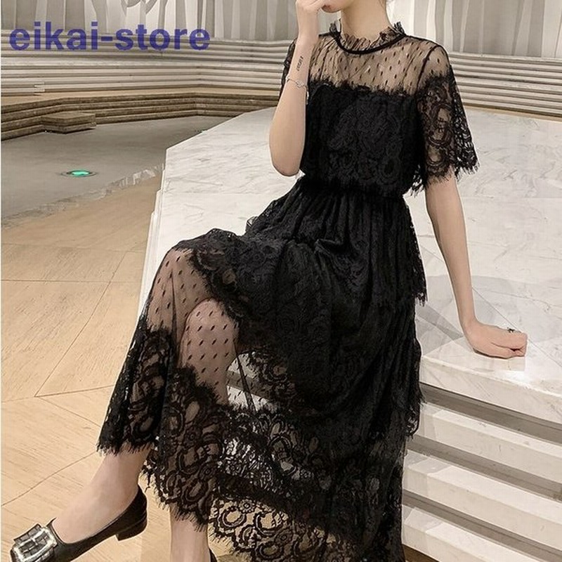 パーティドレス 総レース シースルー ドレス ワンピース 結婚式 お呼ばれ 大きいサイズ 袖あり 半袖 ミモレ丈 フォーマル 二次会 韓国 黒 通販 Lineポイント最大get Lineショッピング