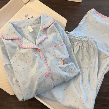DUYI~夢詩 睡衣女粉邊波點開衫ins春秋韓系雲朵棉卡通學生宿舍長袖長褲套裝