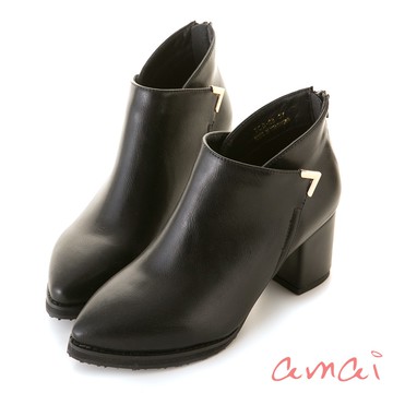 amai 金屬釦尖頭粗跟短靴 中跟短靴 襪靴 踝靴 短筒靴 粗跟 百搭 英倫風 韓版 大尺碼 黑色 7CB-23BK