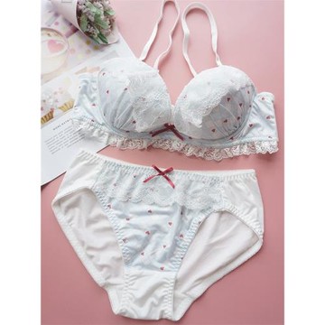 包郵 日系淺藍碎花可愛蕾絲甜美大鋼圈深V薄杯 文胸套裝少女內衣