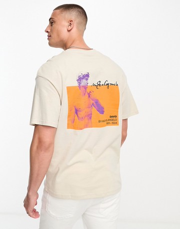 Jack & Jones Original oversized t-shirt with statue back print in beige-Neutral