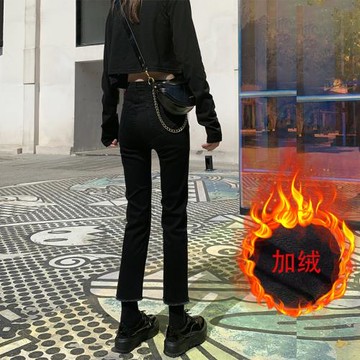 加絨黑色直筒牛仔褲女寬松九分2025秋冬新款高腰顯瘦薄絨煙管褲子