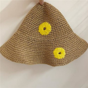 日系太陽花草帽女夏季大沿手工遮陽帽小菊花防曬盆帽可折疊沙灘帽