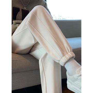 韓國米白色加絨運動褲女春秋冬2025新款衛褲束腳顯瘦燈籠休閑褲子