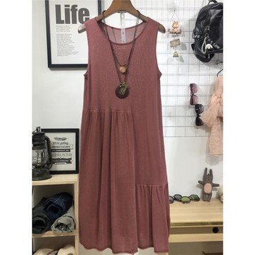 夏季韓版寬松大碼棉亞麻針織吊帶褶皺裙女士中長款無袖打底背心裙