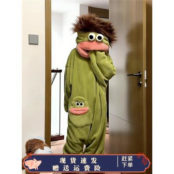 長發大嘴怪小丑魚連體睡衣女秋冬頭發男搞怪抽象加厚珊瑚絨家居服