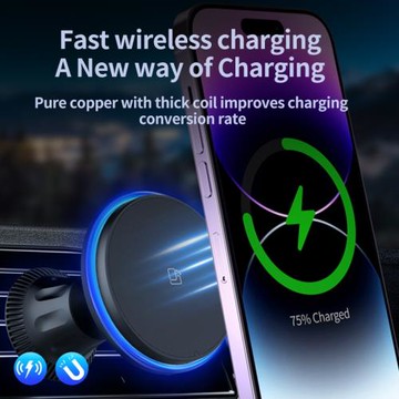 汽車通用手機磁吸無線充電支架圓頭出風口帶呼吸燈車載無線充電器