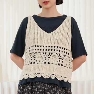 手工鈎花鏤空V領背心121522C