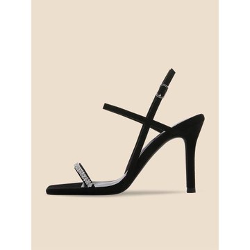 白黑色水鉆半寶石涼鞋婚鞋真皮一字帶細跟高跟鞋女綁帶時尚百搭鞋