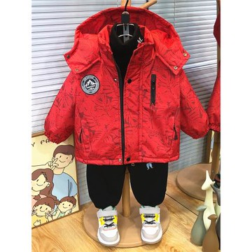 男童秋冬裝過年外套2026新款兒童沖鋒衣加絨加厚拜年棉服紅色棉襖