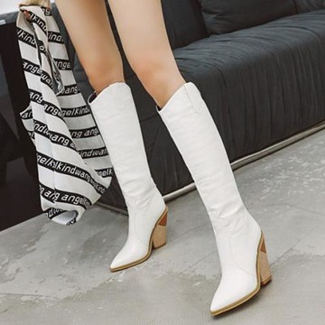 歐美新款鱷魚紋女靴高跟騎士靴尖頭粗跟高筒靴大碼44 45 46 47 48