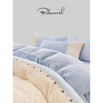 英國BOBOWISH 兔兔絨四件套ins藍色刺繡加絨加厚床單床笠床上用品