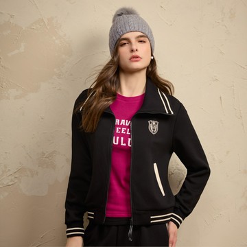 SO NICE 學院運動風翻領撞色織帶磨毛空氣布外套