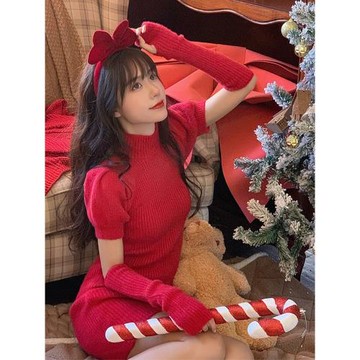 秋冬修身內搭紅色新年戰袍連衣裙