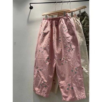 夏季女裝新款森系顯瘦松緊腰繡花純棉寬松直筒褲女褲九分褲