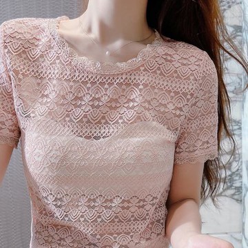 甜美蕾絲打底衫短袖女夏薄紗小衫吊帶裙內搭薄款紗衣短款網紗上衣