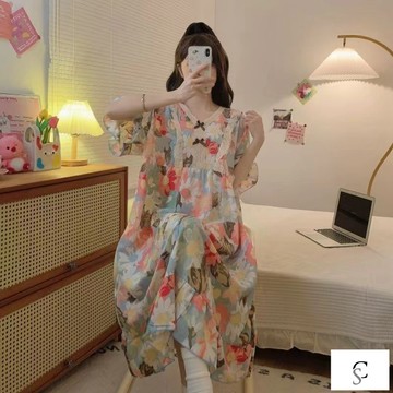 【XL-8XL大尺碼】👩睡衣 睡裙 睡袍 大尺碼居家服 300斤胖mm睡裙女寬鬆顯瘦宿捨年輕ins風古風長款過膝休閒外