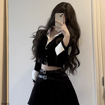 歐美假兩件長袖襯衫女裝春秋季拼接修身短款上衣