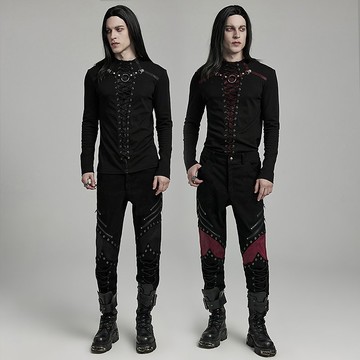 龐克維京人做舊金屬鍊長褲 - 紅 / 黑