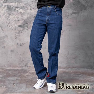 【Dreamming】MIT布標造型口袋伸縮中直筒牛仔褲(藍色)