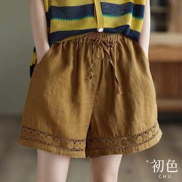 初色 復古抽繩鬆緊腰拼接鏤空蕾絲高腰闊腿休閒褲寬褲五分短褲-共7色-35309(M-4XL可選/現貨+預購)