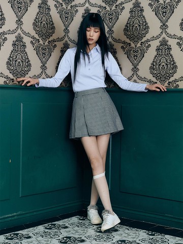 Houndstooth Pleated Skirt [BLACK]