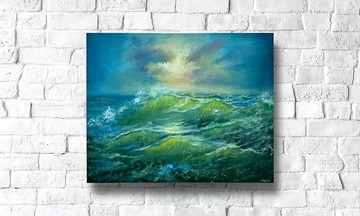 藍色海洋繪畫、原創油畫海景藝術、海洋牆裝飾、手工藝術