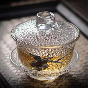 加厚錘紋耐熱玻璃三才蓋碗茶茶杯子功夫泡茶碗茶壺單個家用