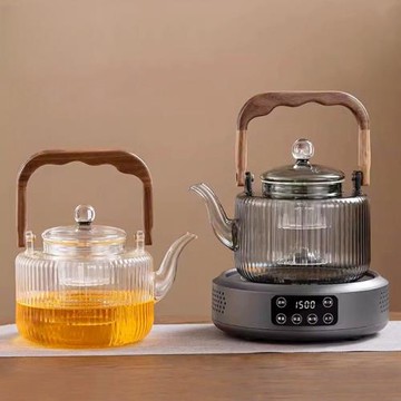 胡桃木家用小型電陶爐玻璃煮茶壺泡茶燒水壺高硼硅玻璃家用煮茶器