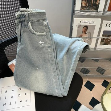 2025新款韓版蕾絲花邊蝴蝶結牛仔褲男女春夏季顯瘦直筒高腰長褲子