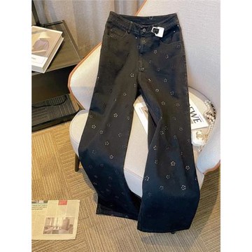 黑色闊腿牛仔褲女2025年春季新款小個子高腰顯瘦寬松直筒印花褲子