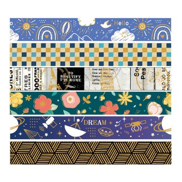 簡單生活 燙金裝飾紙膠帶(1.5cm)-雨過天青/方格子/郵戲人生/花花世界/幻想星球/箱子條紋