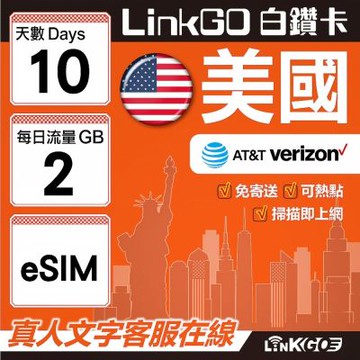 LinkGO白鑽卡 美國 eSIM卡 10天上網卡 每日2GB 高速流量(美國網卡 舊金山 洛杉磯 紐約 西雅圖)