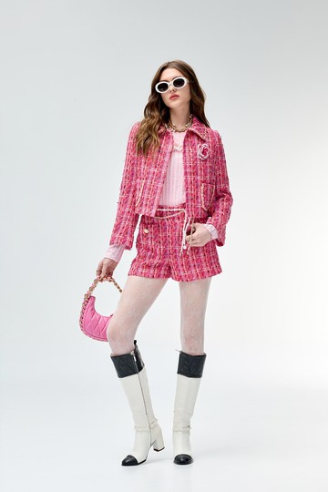 玫瑰花蕾色花呢紗短褲