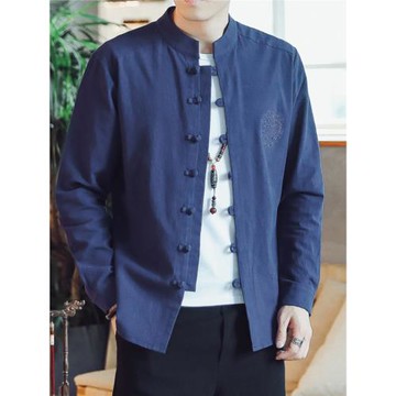 中國風秋季男士長袖襯衫中式盤扣立領刺繡唐裝上衣復古漢服男襯衣