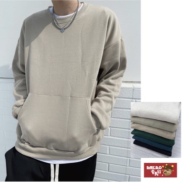 【AMERO】男裝 女裝 長袖刷毛鼠袋大學Ｔ 寬鬆版型 落肩 情侶裝