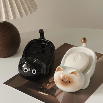 創意高顏值暹羅貓陶瓷肥皂盒可瀝水家用浴室香皂置物架高級肥皂碟