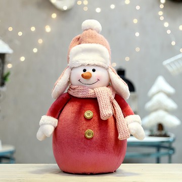 圣誕節裝飾品布藝粉色紅色戴帽雪人老人公仔室內場景布置裝扮道具