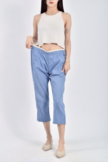 (XL) le polka質感棉質鬆緊腰低腰七分藍色長褲