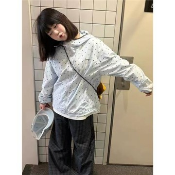 美式波點連帽防曬衣女夏季寬松拉鏈薄款外套小個子百搭輕薄防曬服