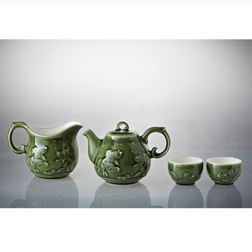 乾唐軒活瓷 | 歡喜魚茶具組 / 綠釉 / 一壺+六杯+茶海